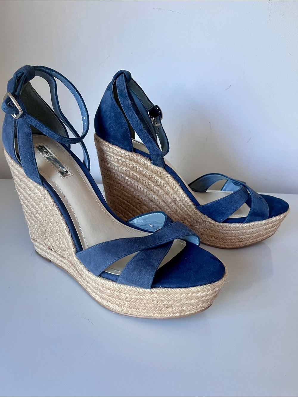 BCBGeneration Blue Suede Espadrille Wedge Sandals Ankle Strap Platform Size 9